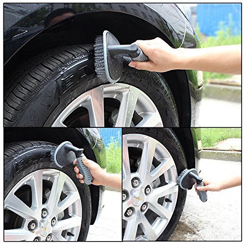 AutoEC Car Wheel Cleaner Brush Kit, 1 Steel Wire Flocking Wheel Cleaning Brush, 1 Metal-Free Rim Wash Brush, 1 Contoured Scrub Tire Shine Brush for Auto, Vehicle, Engine, Motorcycle (Pack of 3)
