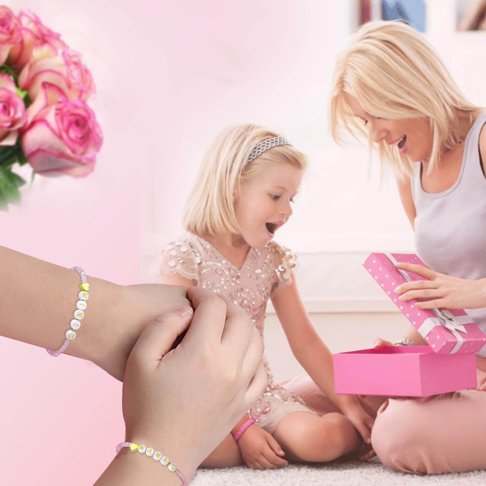 Egowry Mother Daughter Bead Bracelet Set for 2, Mommy and Me Matching Bead Bracelet, Mama and Mini Matching Heart Bracelets for Mom Daughter Valentines Mother's Day Gift