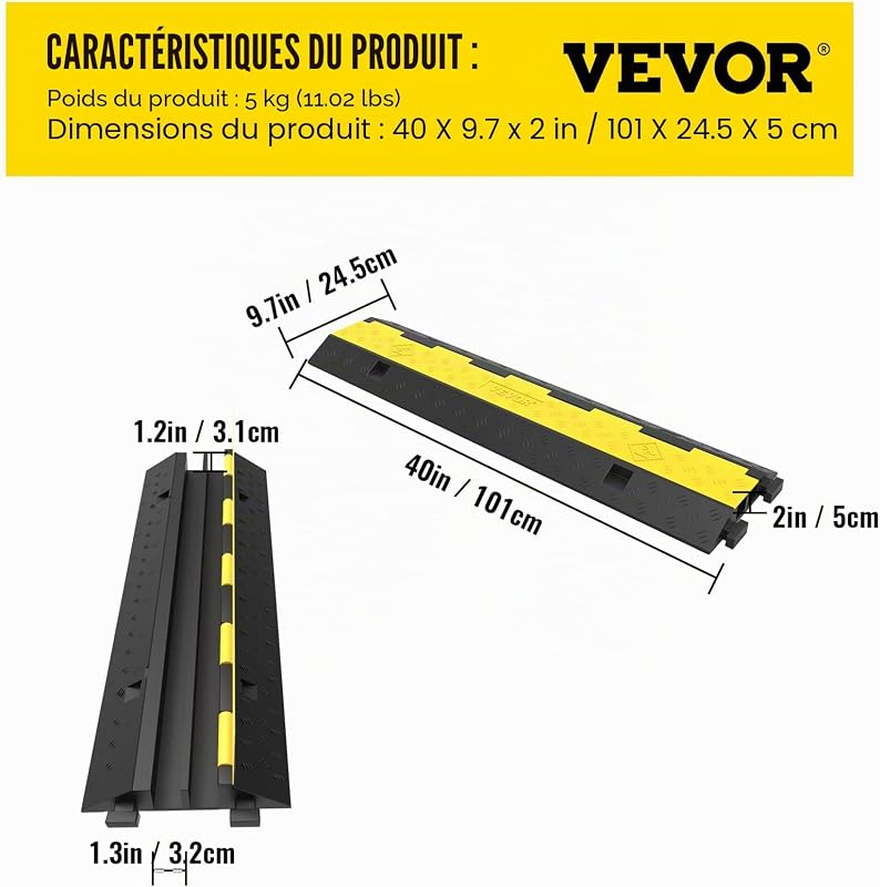 3PCS Rampes Protection Câble 2 Canaux Passage Câbles 98 cm Protecteur PVC Caoutchouc Capacité Charge 4989 kg Canal 3,2x3,1 cm pour Protéger Câbles d'alimentation des Sols Parking 101x24,5x5 cm