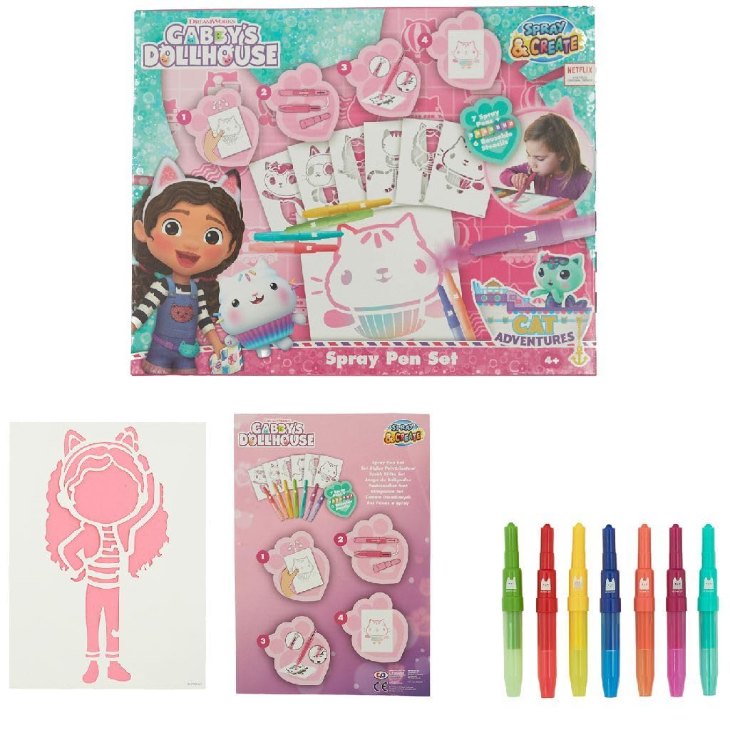 Gabby's Dollhouse Blow Pen Airbrush Colour Pens & Stencil Set - Art Drawing Kit with Felt Tip & Templates - Creative Colouring Art Set for Kids Ages 4+ - Gabby Themed Fun
