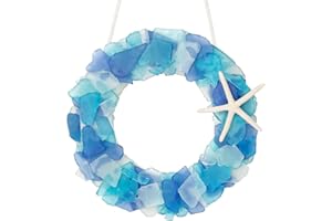 WEDOSOY Sea Glass Wreath - Handmade 8.5 Inch Beach Wreath, Coastal Style Christmas Decor Wreaths for Home Decor, Door, Window, Kitchen Cabinet, Chair and Wall (Blue)