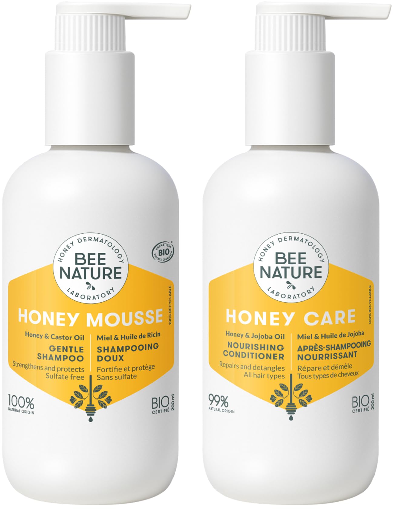 Bee Nature - Shampoo and Conditioner Sets - SLS Free - Organic Honey & Castor Oil - Anti-dandruff, Moisturizes - Nourishes and Repairs - Ideal for Dry, Curly and Damaged Hair - 200ml Each