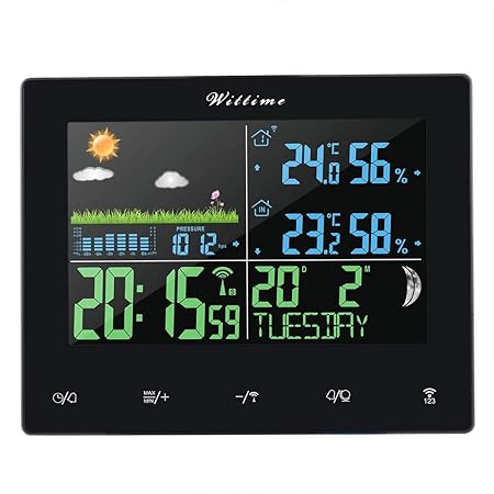 Wittime Bunte Digitale Funk Wetterstation mit Außensensor, Innen & Außen Temperatur und Luftfeuchtigkeit, Mondphase, Luftdruc