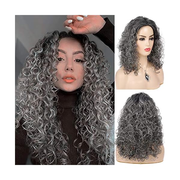 Women Afro Kinky Curly Wig Long Grey Synthetic Heat 
