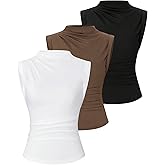 OYOANGLE Women's 3 Pack Mock Neck Ruched Tank Tops Basic Solid Summer Sleeveless Fitted Top