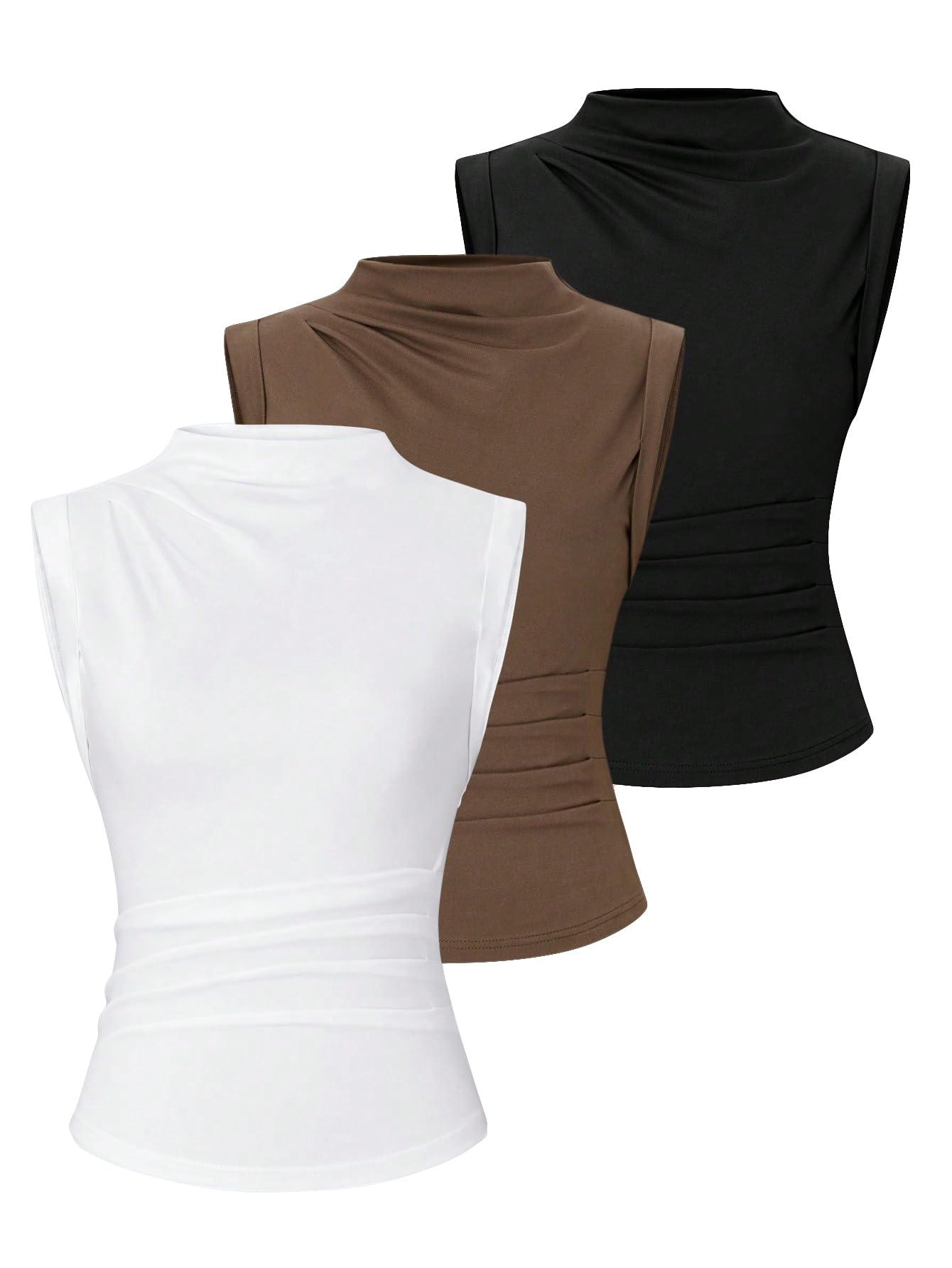 Photo 1 of OYOANGLE Women's 3 Pack Mock Neck Ruched Tank Tops Basic Solid Summer Sleeveless Fitted Top White Brown Black Small