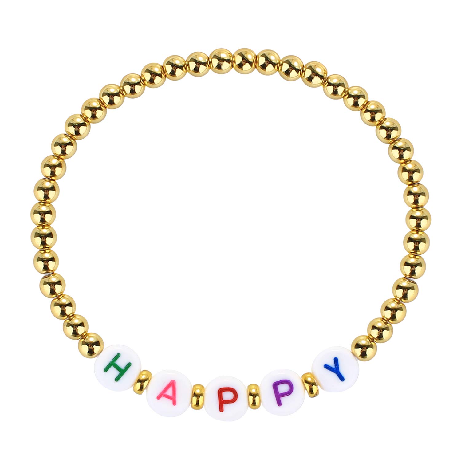 KELITCH Colorful Stretch Bracelets Gold Metal Beaded Bracelets Mixed Alphabet Bead Charm Bracelets (Happy 5B)