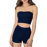 Verdusa Women's 2 Piece Outfit Ribbed Crop Bandeau Tube Top and Biker Track Shorts Sets