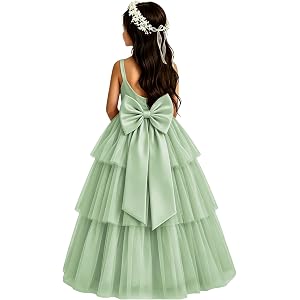 ZMSSXO Tiered Tulle Flower Girl Dress Satin Long A Line Princess Ball Gown | sleeveless square neck first communion dresses f