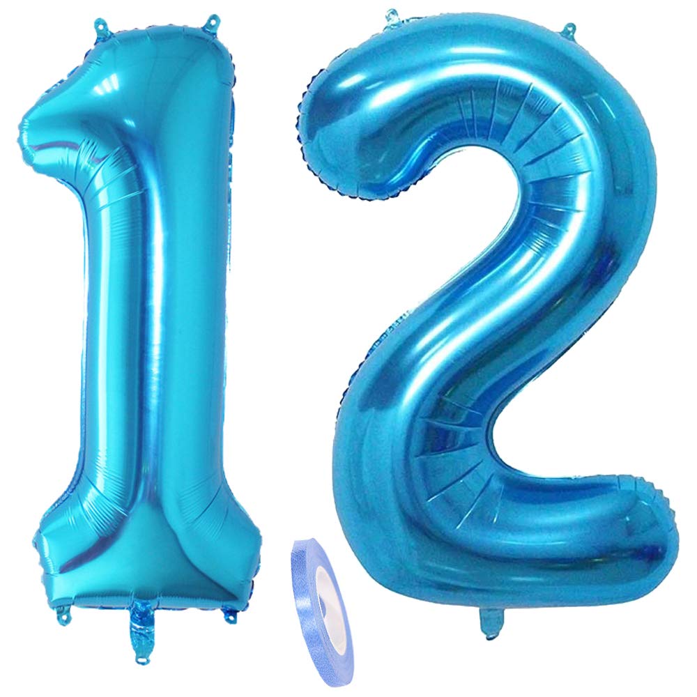 2 Balloons Number 12, Number Balloon Blue Girls Boys 40 Inch Giant Inflatable Helium Foil Balloon Blue Balloons Figures for Birthday 12th Years Children Boys Party Decoration (XXXL 100 cm)