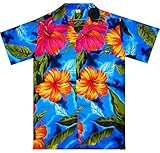 Funky Hawaiian Shirt For Men Short Sleeve Front-Pocket Big Flower Lightblue
