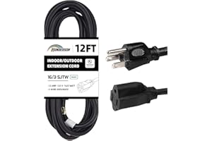 HONDERSON 12FT 16/3 Outdoor Extension Cord - 16 Gauge 3 Prong SJTW Black Extension Cord for Christmas Lights with 3 Prong Grounded Plug for Safety, Great for Outdoor Decorations, UL Listed