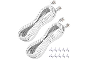 YIENFBEV 25FT Telephone Extension Cord Cable, Landline Phone Line Wire with RJ11 6P4C Plugs, Includes Cable Clips - White - 2 Pack