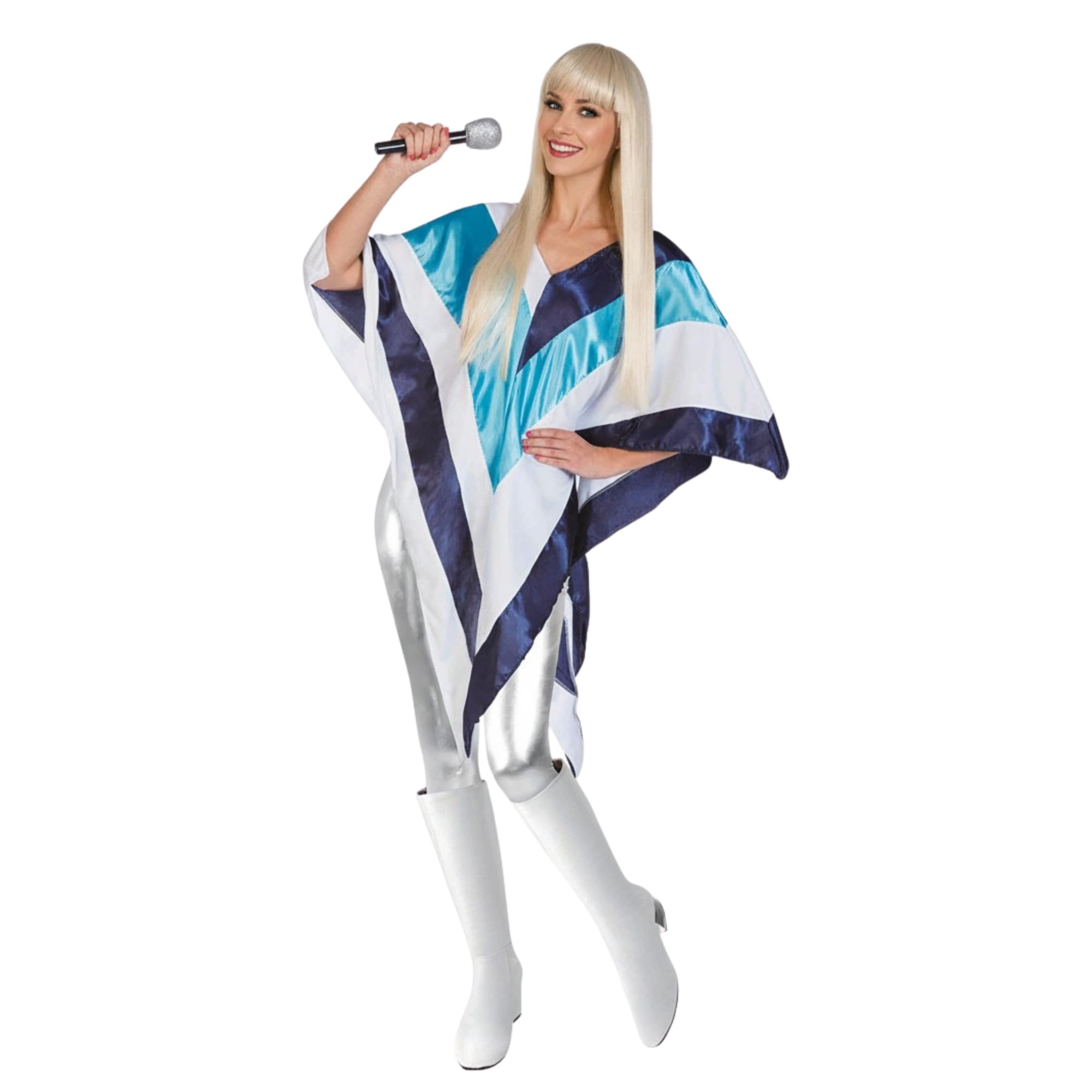 My Illusions 1970s Super Disco Poncho Ladies Eurovision Fancy Dress Adults Costume Outfit With Microphone or Leggings Accessories (Microphone)