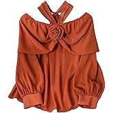 OYOANGLE Women's 3D Floral Off The Shoulder Halter Sheer Blouse Party Date Night Long Sleeve Dressy Tops