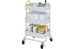Elitehouse 3-Tier Rolling Cart,Metal Rolling Utility Cart with Handle,Steel Multifunction Carts with Wheels,Kitchen Storage Carts Suitable for Office,Home,Kitchen,Garden（13.4"x18.1"x31"） White