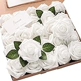 Floroom Artificial Flowers 25pcs Real Looking White Foam Fake Roses with Stems for DIY Wedding Bouquets Bridal Shower Centerpieces Floral Arrangements Party Tables Home Decorations