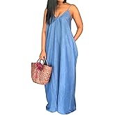 SeNight Women's Sexy Maxi Denim Dresses Casual Spaghetti Strap Striped Long Sundress Wiht Pockets