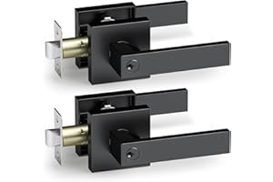 AceMining 2 Pack Keyed Entry Square Black Door Handle Lever Set, Interior and Exterior Door Handles, Complete Exterior Door Lock Set with Deadbolt,‎ Stainless Steel, Black