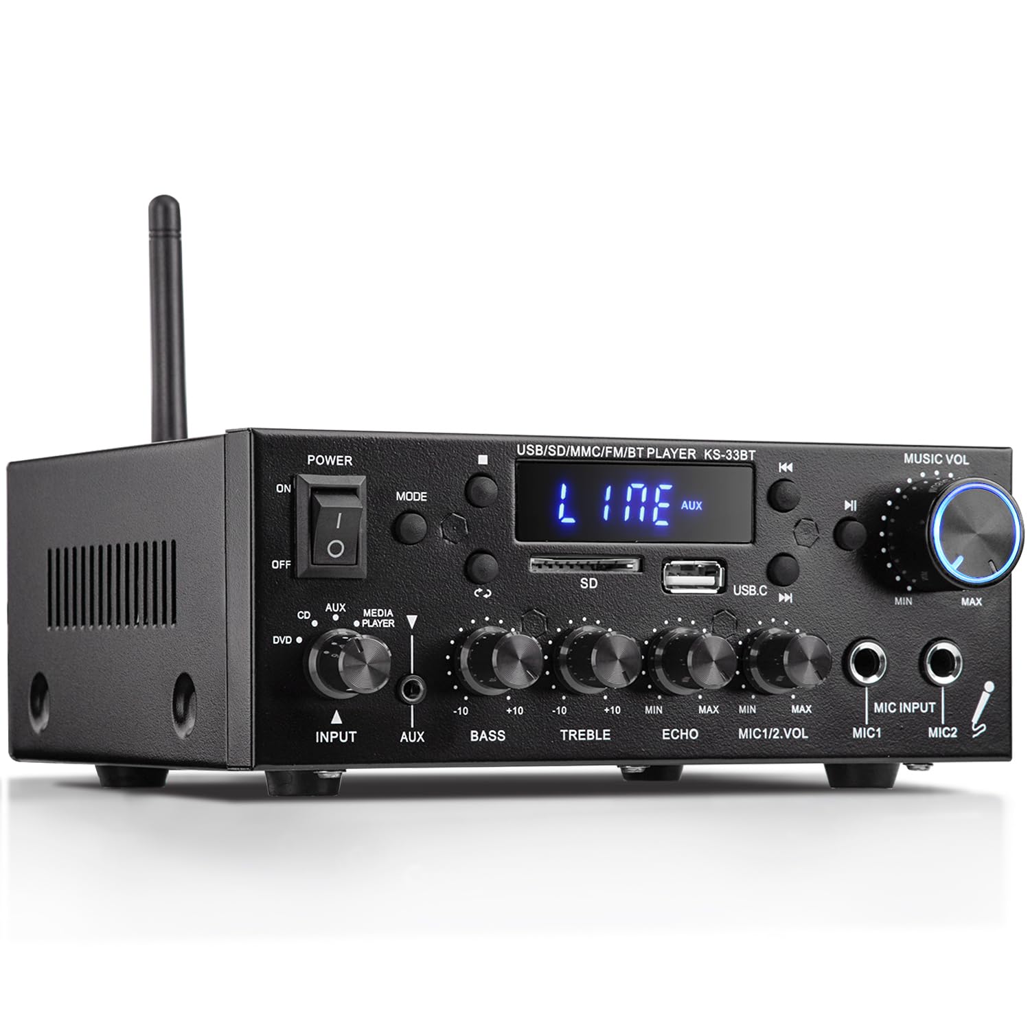 Photo 1 of Facmogu KS-33BT 2.1CH Stereo Audio Amplifier Receiver with Active Subwoofer Output, RMS 60Wx2 Max 400Wx2 Mini BT Amp Home Theater Stereo Receiver, Bluetooth 5.0 HiFi Receivers w/MIC/Echo/USB/SD/AUX/FM