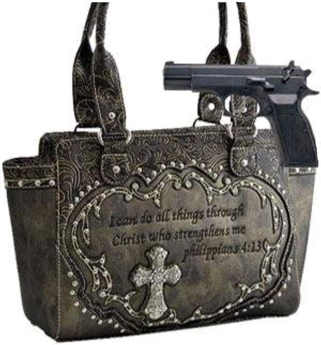 Studded Biblical Verse & Cross Tote Bag w/Rhinestone(Concealed Carry
