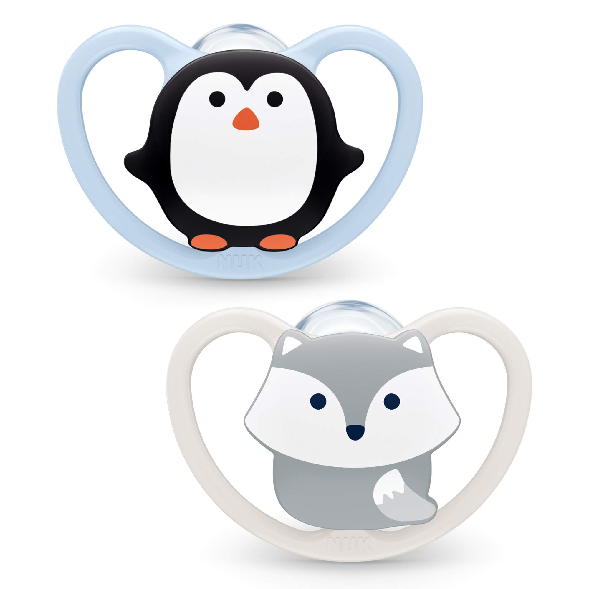 NUK Space Soothers | 0-6 Months | Extra Ventilation Dummies | BPA Silicone | Penguin & Fox | Pack of 2
