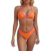 Triangle Thong Bikini Set for Women Sexy Color Block Halter Swimsuit Two Piece Cheeky High Cut String Bathing Suit