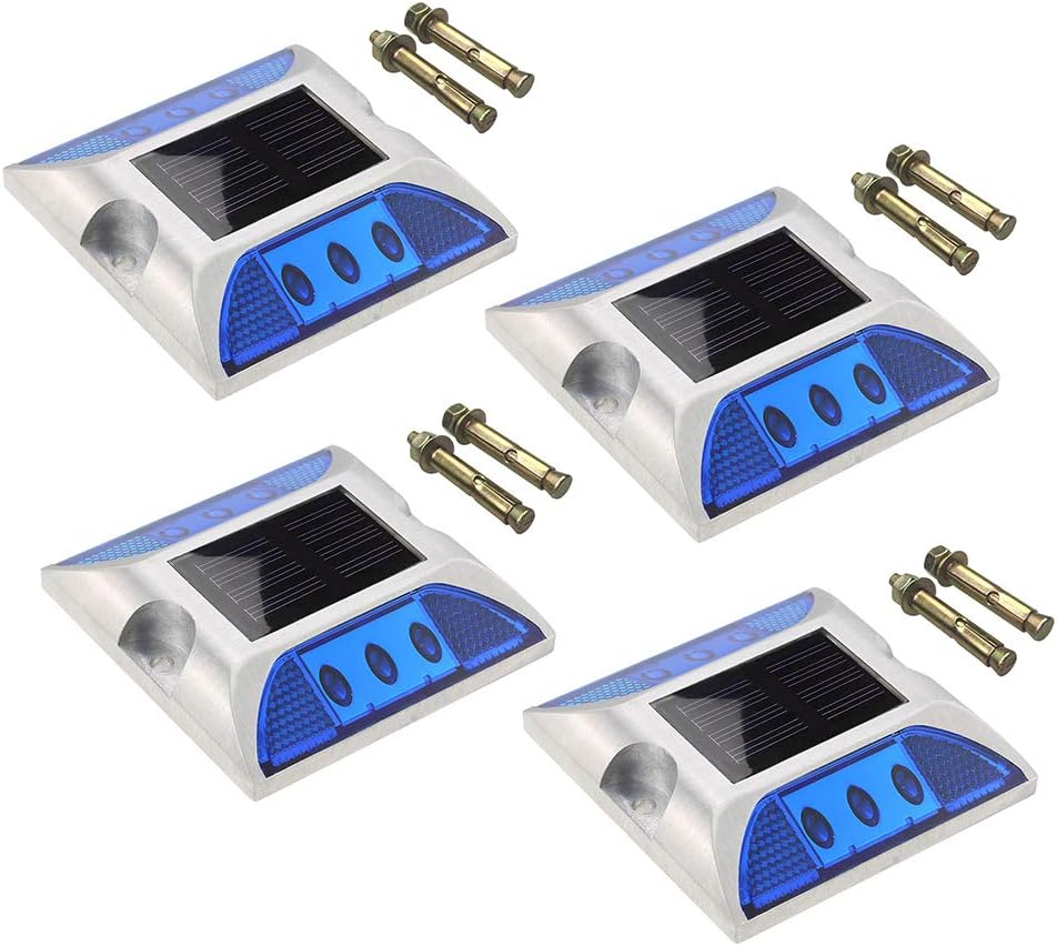 Casting Aluminum 6 LED Road Stud Light Outdoor Solar Powered Dock Pathway Road Marker Stud Lamp Weatherproof Highway Warning Traffic Security Light(4Pack,Blue)