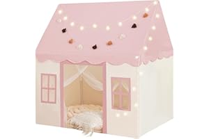 LITTLE DOVE Large Kids Tent with mat, Star Lights, Tissue Garland, Play Tent Indoor & Outdoor, Kids Play Tent for Girl & Boy Aged 3+, Kids Tent for Toddler, 52" x35" x 52" Play House with Windows, Washable, Pink