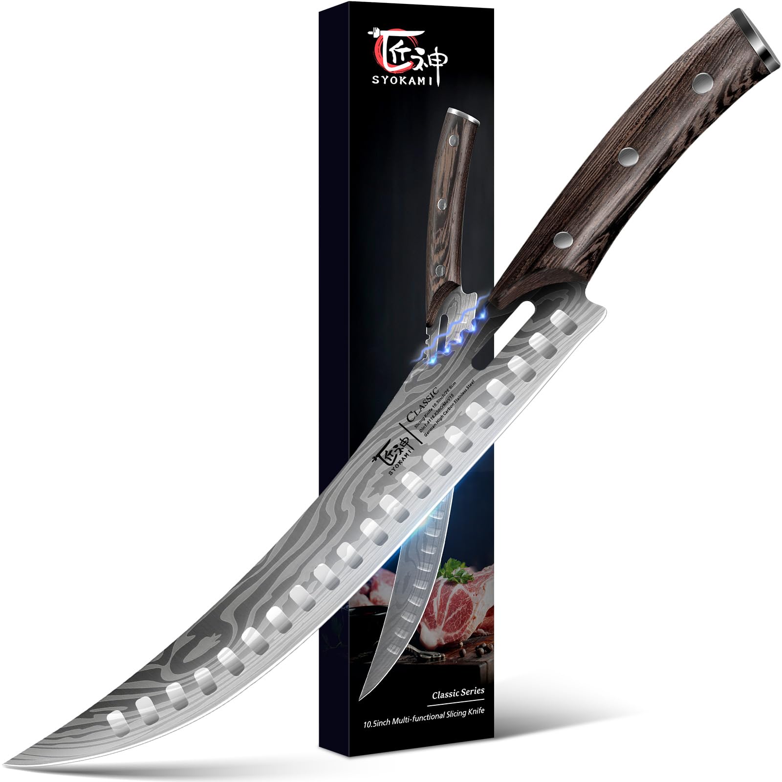 Photo 1 of SYOKAMI Butcher Breaking Knife for Meat Cutting, 10.5 Inch Japanese Style Curved Carving Knife with Wooden Full Tang Handle, Damascus Pattern, Razor Sharp Cimiters with Gift Box, Birthday Gift for Men