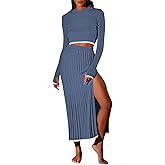 Pink Queen Women's 2 Piece Sweater Outfits Set Long Sleeve Crop Top Ribbed Split Bodycon Midi Long Skirt Knit Dresses