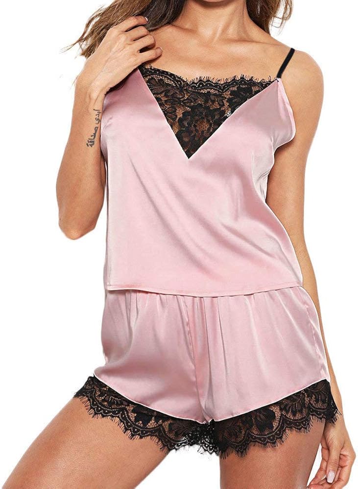 CCOOfhhc Women's Silky Satin Pajama Lace Trim Cami Top Pajama Sets