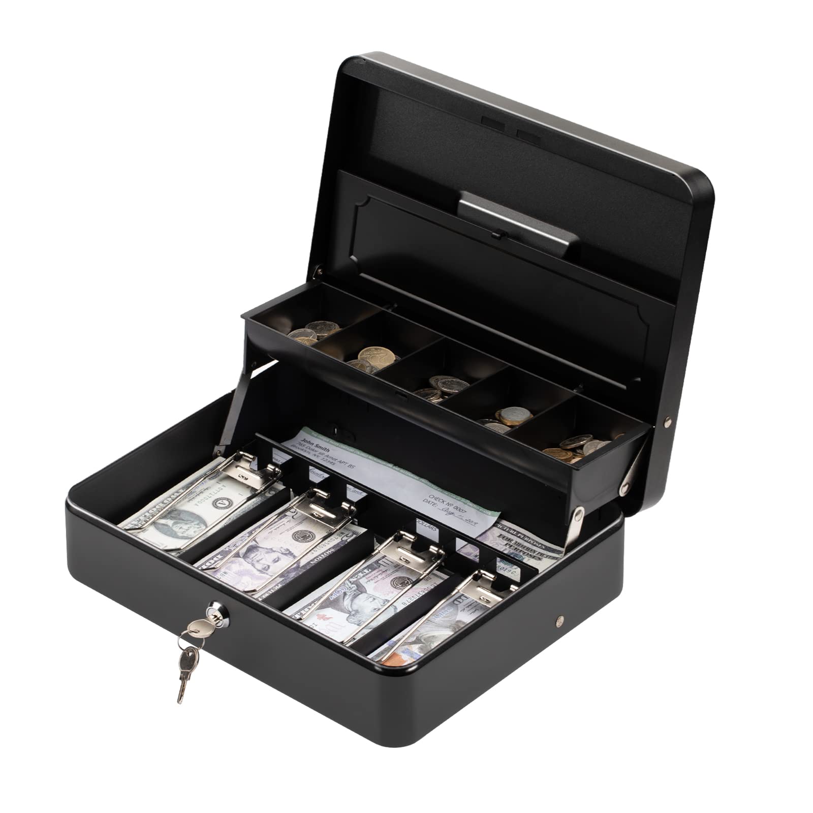 Tera Cash Box with Key Lock: Anti Theft Safe Lock Box with Money Tray 4 Bill 5 Coin Inner Tray 11.8