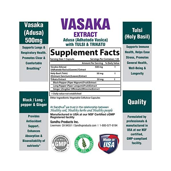 Vasaka Lungs & Respiratory Support Supplement with Holy Basil, Black