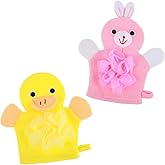 Wanmu Bath Gloves Loofah for Kids, 2 Pcs Toddler Shower Sponges Body Scrubber, Cartoon Exfoliating Gloves, Cute Animal Washcloths Gloves for Body and Face Easy Lather (Yellow Duck and Pink Rabbit)