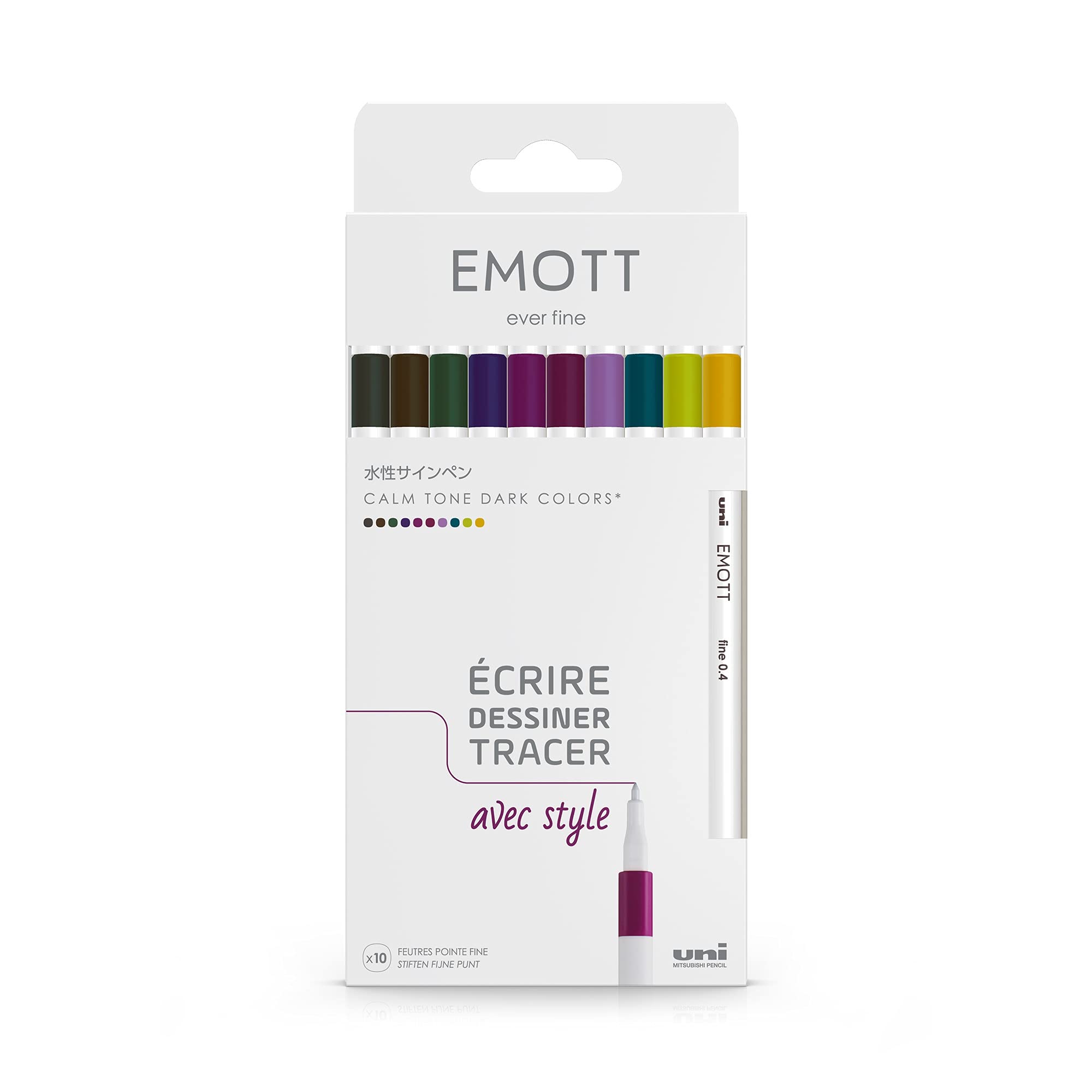 uni-ball Emott Uni Mitsubishi Pencil – 10 Calm-Tone Dark Colours – Write, Draw, Tracer – 0.4 mm – Amethyst, Blue Green, Orchid, Grey, Yellow, Brown, Wine Liny, Khaki, Apple, Purple