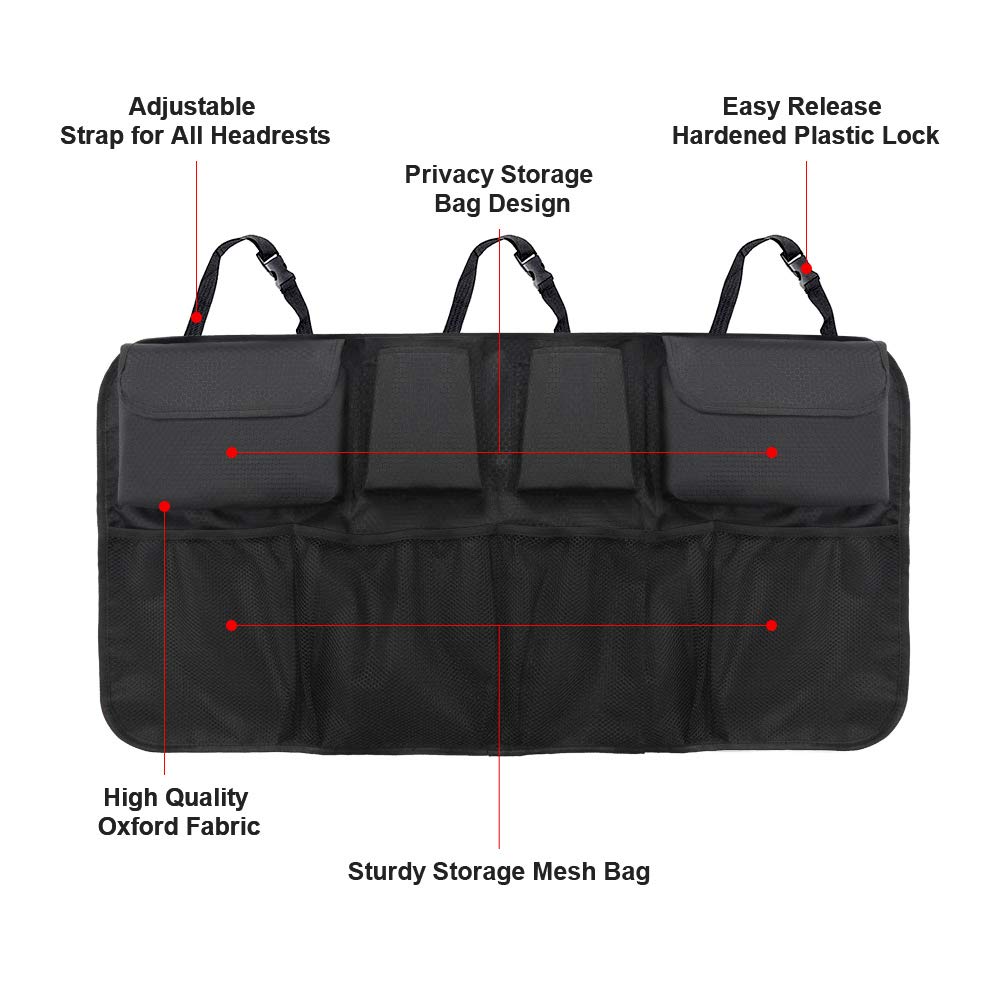 QUEES Trunk Back Seat Organizer Car Storage Auto Organizer for SUV Van Container 8 Large Pockets Car Organization Collapsible Compartment Mesh Black