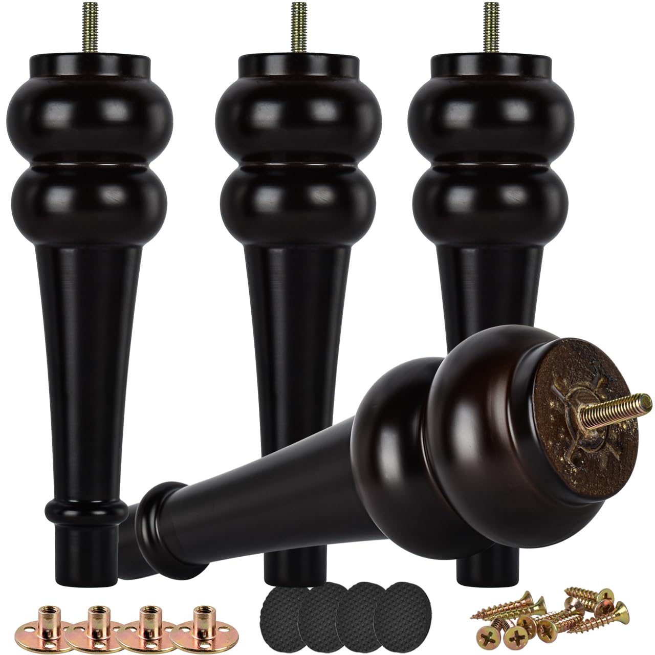 Btowin 9.6 Inch / 24cm Solid Wood Furniture Legs, 4Pcs Large Turned Walnut Wooden Bun Feet, Threaded M8 Hanger Bolt & Mounting Plate & Screw Sofa Couch Ottoman TV Stand Bed