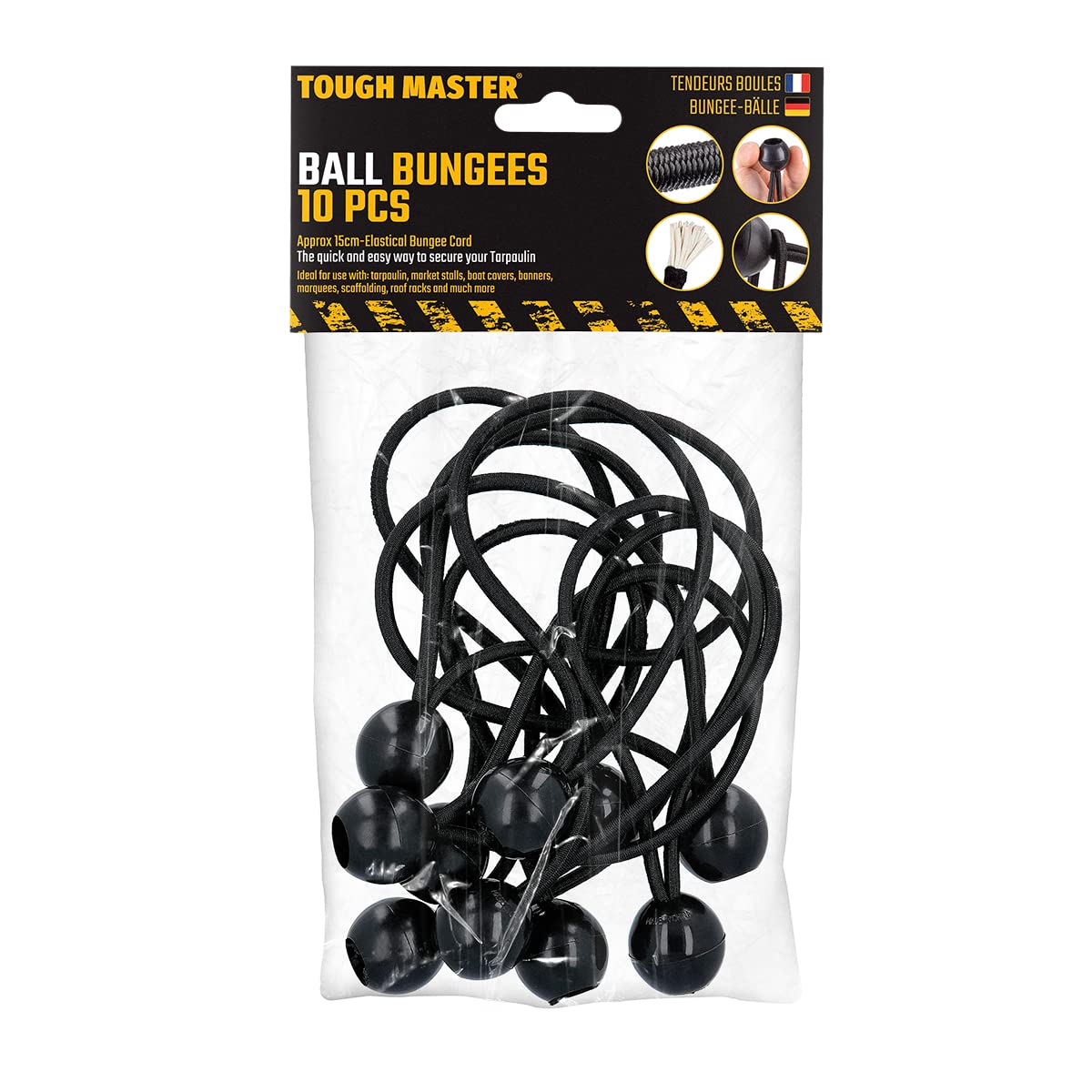 TOUGH MASTER Bungee Balls Tie Tent Toggles, Black 10 Pack Canopy Tarp Tie Down Cord Tarpaulin Tent Elastic Toggles Accessories Elastic Ties Strong Material TM-BB1510