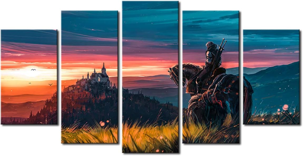 Yansang Modular Pictures Wall Art Prints 5 Pieces Witcher 3: Wild Hunt Geralt of Rivia Canvas Painting Home Bedside Background Decor Modern Artwork Poster (22in x40in,With Frame)