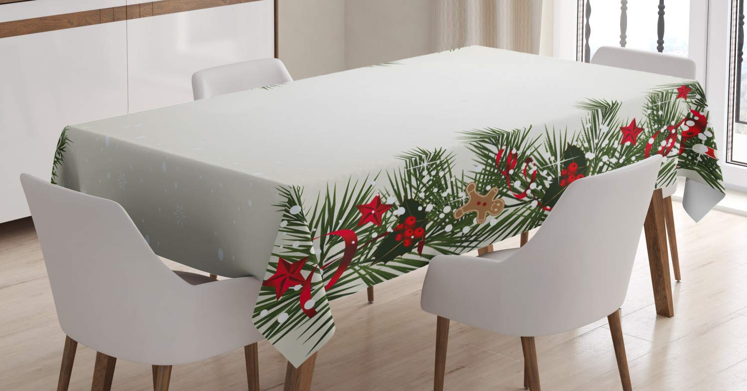 ABAKUHAUS Christmas Tablecloth, New Year's Eve Tree Branch Border with Berry Ribbons Gingerbread Man, Dining Room Kitchen Table Cover, 54" x 94", Taupe Green