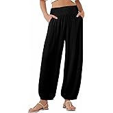 EVALESS Women's Wide Leg Baggy Pants Elastic High Waisted Casual Harem Pants Trousers with Pockets