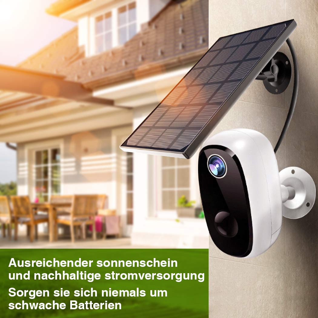 Überwachungskamera mit Solarpanel, 1080P Akku Kabellos Outdoor WLAN Kamera mit PIR-Bewegungserkennung, 2-Wege-Audio, Nachtsicht, integrierter SD-Steckplatz, IP65 wasserdichte