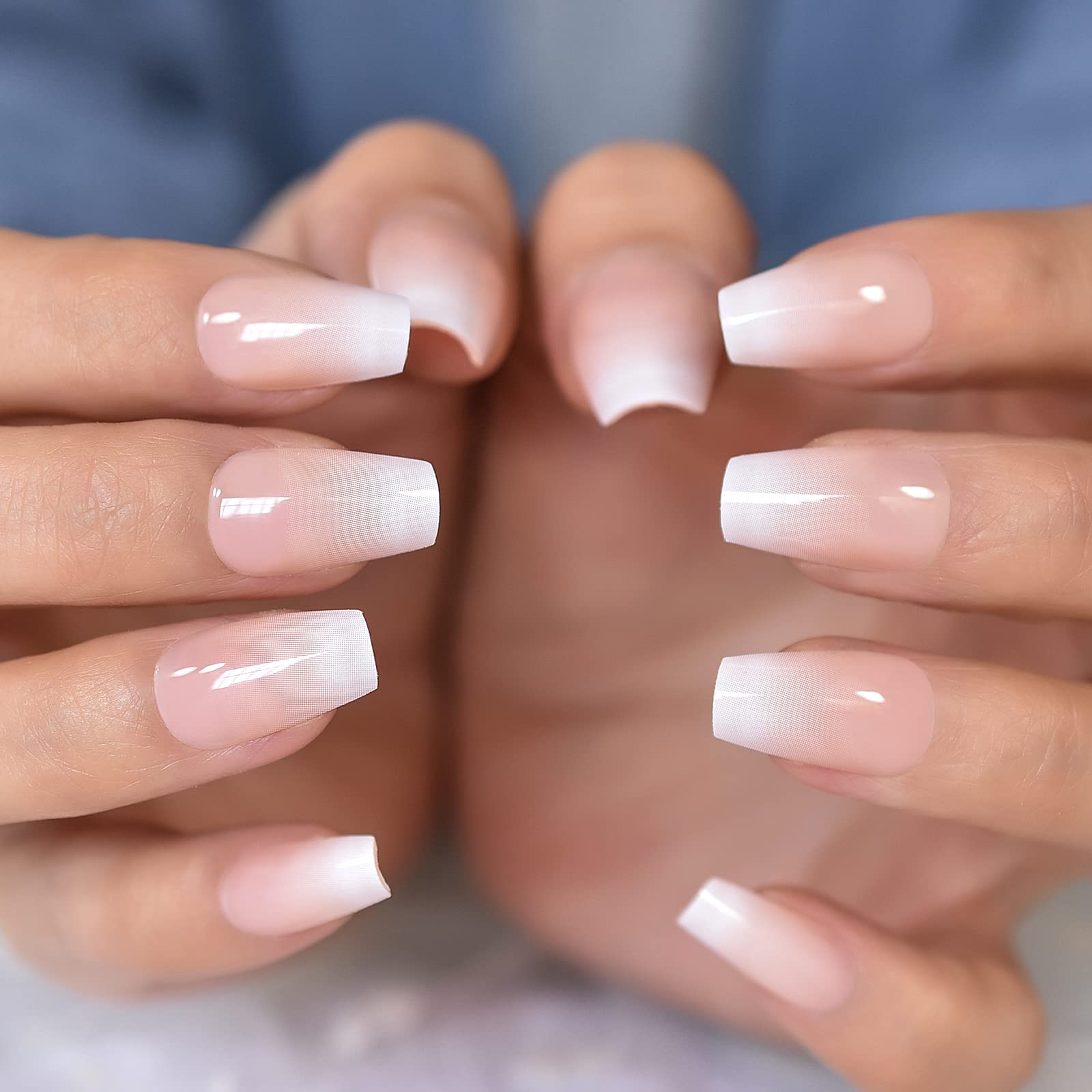 EchiQ Cherry Blossom Pink Gradient Press On Nail Wearable Artificial Acrylic Full Cover Coffin Glossy Nature Fake Nails Reusable Medium Short False Nail Art Tips for Women Girls Gift 24pcs/Set - Image 3