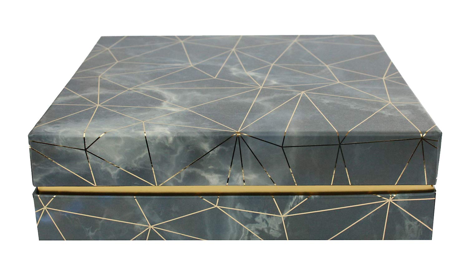Emartbuy Rigid Square Luxury Presentation Gift Box, 19.5 cm x 19.5 cm x 6 cm, Blue/Grey Marble Effect with Gold Origami Lines and Pink Chequered Interior