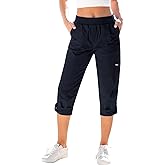 GRAPENT Capri Cargo Pants for Women High Waisted Pull On Elastic Waist Stretch Twill Fold Hem Capris Pants with Pockets