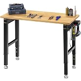 SPECRAFT Adjustable Black Heavy-Duty Workbench | 2000 Lbs Capacity, Rubber Wood Top, 4 AC Outlets and 2 USB Ports, for Garage, Workshop and Office