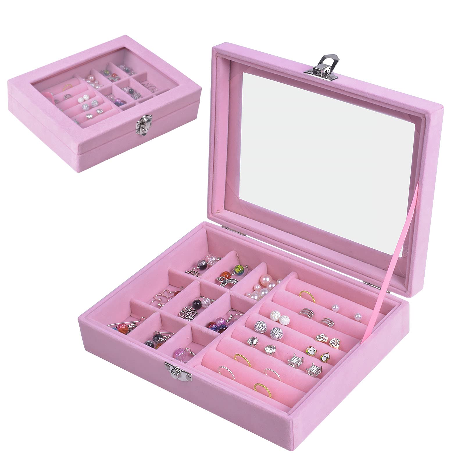Velvet Lockable Jewellery Organiser - 9 Grid Case with Removal Tray, Display Storage for Rings, Earrings, Necklace - Pink