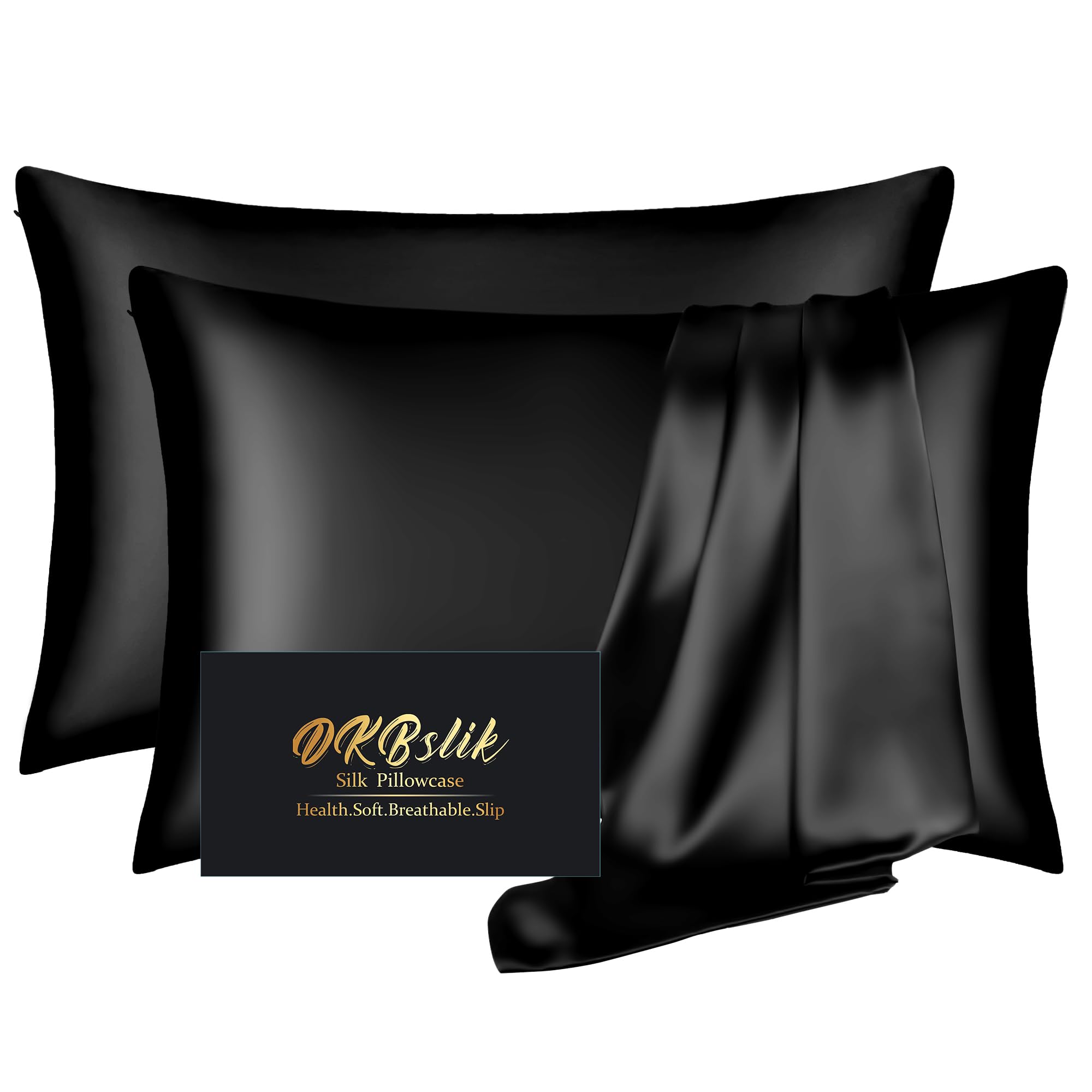 Silk Pillowcase 2 Pack, Natural Mulberry Silk Pillow Cases, Silk Pillowcase for Hair and Skin, King Size Satin Pillowcase Set of 2 with Zipper, Gifts for Sleeping Women, Black Image