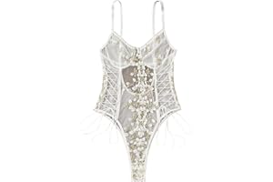 Lilosy Women Sexy Lace Up Floral Embroidered Teddy Lingerie Bodysuit Top Mesh Sheer One Piece